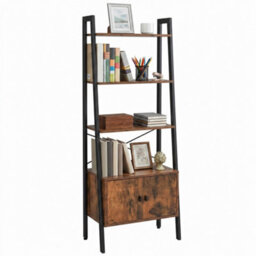 Ledrem Ladder Shelf With Cupboard, 4-Tier Tall Slim Bookcase, Living Room Storage Unit, 56 X 34 X 171 Cm, Rustic Brown - thumbnail 2