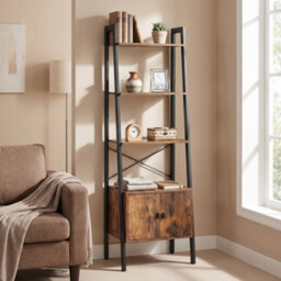 Ledrem Ladder Shelf With Cupboard, 4-Tier Tall Slim Bookcase, Living Room Storage Unit, 56 X 34 X 171 Cm, Rustic Brown - thumbnail 5