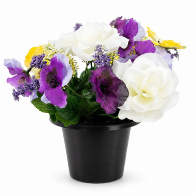 Urbn-Living Purple Pansy & Rose Set Of 1 Artificial Silk Flower Grave Pot Memorial Arrangement Graveside Cemetery - image 1