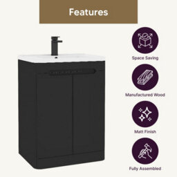 Royal Bathrooms Venice 600mm Matt Nocturne Black Floor Standing Vanity Unit 2 Door With Ceramic Basin - thumbnail 9