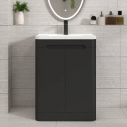 Royal Bathrooms Venice 600mm Matt Nocturne Black Floor Standing Vanity Unit 2 Door With Ceramic Basin - thumbnail 1