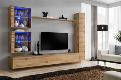 Arte Switch Xviii Oak Wotan Entertainment Unit For Tvs Up To 75 Inch - Warm Wood Wall System With Led Highlights