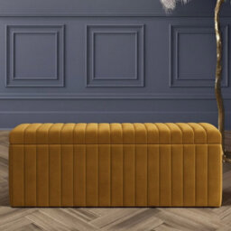 90Cm Wide Lux Ottoman Storage Box, Mustard Gold Velvet Upholstered Full Striped Storage Ottoman Box
