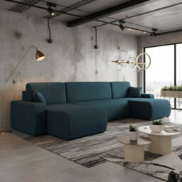 Piano U Corduroy Corner Sofa Bed Large U Shape Settee Sleep Function Ribbed Fabric  Comfortable Couch Blue