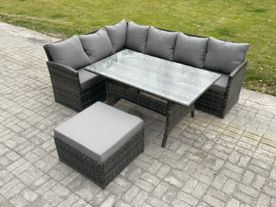 Fimous 7 Seater Rattan Garden Furniture Sets High Back Corner Sofa Rectangular Dining Table Set With Big Footstool - image 1