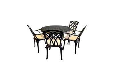 Sh&g Chirk 4 Seat Dining Table Set - 5 Piece Round Table & Chairs - Black Aluminium With Cream Cushions - Indoor & Outdoor