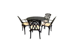Sh&g Chirk 4 Seat Dining Table Set - 5 Piece Round Table & Chairs - Black Aluminium With Cream Cushions - Indoor & Outdoor