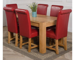That's Furniture Kuba 150 X 85 Cm Chunky Medium Oak Dining Table And 6 Chairs Dining Set With Washington Burgundy Leather Chairs