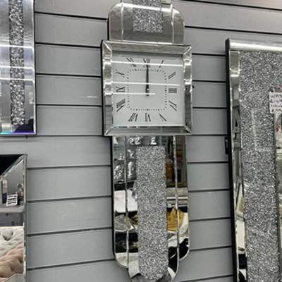 Biznest Grandfather Style Large Wall Clock Sparkly Diamond Crush Crystal Silver Mirrored