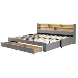 Modernluxe 3Ft Single Bed, 90 X 190 Cm, Trundle Bed Extends To 180 Cm, With Led & Charging Headboard & Drawers, Grey, Velvet - thumbnail 9