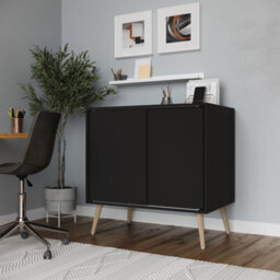 Urbn-Living Urbnliving 2-Door Sliding Chest Cabinet Sideboard Black Carcass Closet Storage Cupboard Organiser With Pine Legs - thumbnail 2