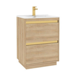 Royal Bathrooms Orion 600mm Natural Oak 2 Drawer Floor Standing Vanity Unit With Ceramic Basin & Brushed Brass Strip - thumbnail 7
