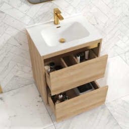 Royal Bathrooms Orion 600mm Natural Oak 2 Drawer Floor Standing Vanity Unit With Ceramic Basin & Brushed Brass Strip - thumbnail 4