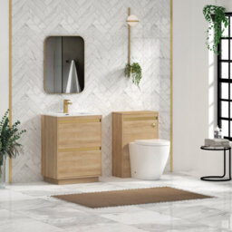 Royal Bathrooms Orion 600mm Natural Oak 2 Drawer Floor Standing Vanity Unit With Ceramic Basin & Brushed Brass Strip - thumbnail 3
