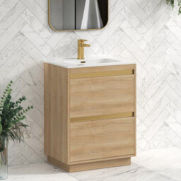 Royal Bathrooms Orion 600mm Natural Oak 2 Drawer Floor Standing Vanity Unit With Ceramic Basin & Brushed Brass Strip - thumbnail 5