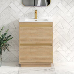 Royal Bathrooms Orion 600mm Natural Oak 2 Drawer Floor Standing Vanity Unit With Ceramic Basin & Brushed Brass Strip - thumbnail 1
