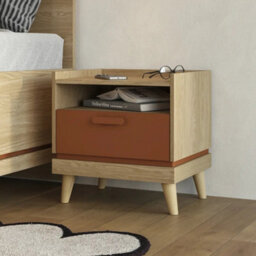 Arte Scandi Oak Oiled & Brick Bedside Table - Contemporary 1 Drawer Side Table With Open Shelf W50 X H51 X D40Cm