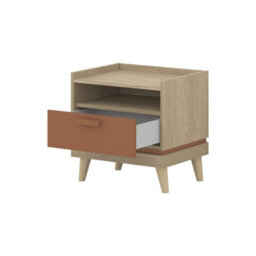 Arte Scandi Oak Oiled & Brick Bedside Table - Contemporary 1 Drawer Side Table With Open Shelf W50 X H51 X D40Cm - thumbnail 3