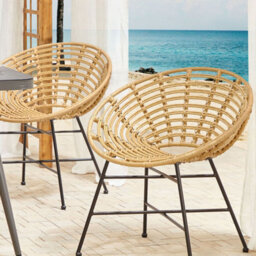 Beliani Set Of 2 Light Brown Pe Rattan Garden Tub Chairs With Metal Legs - Round Boho Design - thumbnail 1