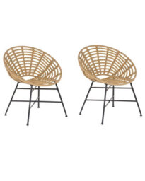 Beliani Set Of 2 Light Brown Pe Rattan Garden Tub Chairs With Metal Legs - Round Boho Design - thumbnail 3