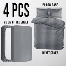 Ameha Grey Striped Microfibre Bedding Set Super King, Reversible & Breathable Duvet Cover, Fitted Sheet & Pillowcases - thumbnail 2