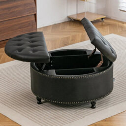 Black 80Cm Round Pu Leather Footstool Ottoman Coffee Table Stool - thumbnail 4