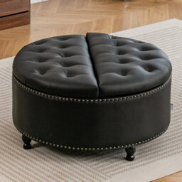 Black 80Cm Round Pu Leather Footstool Ottoman Coffee Table Stool - thumbnail 5