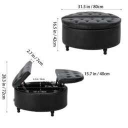 Black 80Cm Round Pu Leather Footstool Ottoman Coffee Table Stool - thumbnail 2