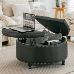 Black 80Cm Round Pu Leather Footstool Ottoman Coffee Table Stool - thumbnail 3