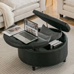 Black 80Cm Round Pu Leather Footstool Ottoman Coffee Table Stool - thumbnail 1
