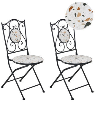 Wyld And Coco Black Metal Dining Chairs Set Of 2 With Terrazzo Ceramic Backrest, Foldable Outdoor Seating For Balcony And Patio - image 1
