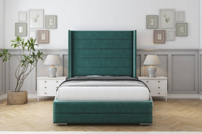 "Sloomy Sterling Emerald Plush Bed Frame With Mattress With 50""  Upholstered Wingback Headboard 3' Single" - image 1