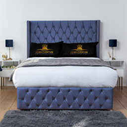 UKBEDFURNITURE Jasmine Blue Plush Wingback Divan Bed With 2 Foot End Drawers & 54 Inch Headboard - thumbnail 2