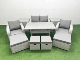 Fimous Pe Rattan Lounge Sofa Set 8 Seater Outdoor Garden Furniture Set With Dining Table Love Sofa 2 Big Footstools Light Grey - thumbnail 1