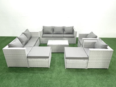 Fimous Outdoor Rattan Sofa Garden Furniture Set 2 Armchairs Oblong Coffee Table 2 Big Stools Light Grey - image 1