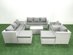 Fimous Outdoor Rattan Sofa Garden Furniture Set 2 Armchairs Oblong Coffee Table 2 Big Stools Light Grey - thumbnail 2