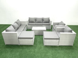 Fimous Outdoor Rattan Sofa Garden Furniture Set 2 Armchairs Oblong Coffee Table 2 Big Stools Light Grey - thumbnail 1