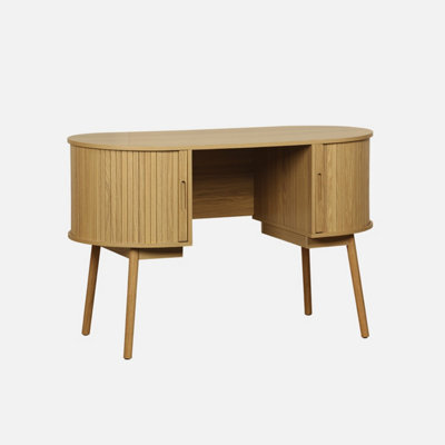 Sweeek - 120Cm Grooved Wooden-Effect Oval Desk With Two Storage Spaces Legacy Natural 120X55X77 Cm - image 1