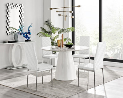 Furniturebox Uk Palma White Marble Effect Round Dining Table & 4 White Milan Chrome Leg Chairs - image 1