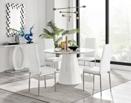 Furniturebox Uk Palma White Marble Effect Round Dining Table & 4 White Milan Chrome Leg Chairs - thumbnail 1
