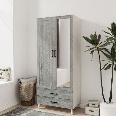 Urbn-Living Urbnliving 180Cm Height White Mirror Wardrobe With Ash Grey 2 Door 2 Drawer Bedroom Clothes Storage Hanging Rail - image 1