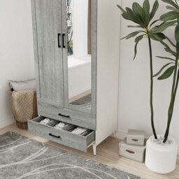 Urbn-Living Urbnliving 180Cm Height White Mirror Wardrobe With Ash Grey 2 Door 2 Drawer Bedroom Clothes Storage Hanging Rail - thumbnail 3