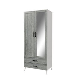 Urbn-Living Urbnliving 180Cm Height White Mirror Wardrobe With Ash Grey 2 Door 2 Drawer Bedroom Clothes Storage Hanging Rail - thumbnail 5