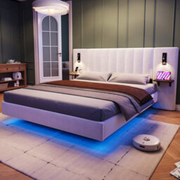 Matteo White King Size Upholstered Bed Frame With Smart Led Lights, Usb Charging, And Headboard Storage - Velvet & Iron - thumbnail 9