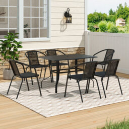 Thehotsale 120Cm L Garden Metal Slatted Coffee Table With Six Rattan Chairs Outdoor Rectangle Table In Black - thumbnail 1