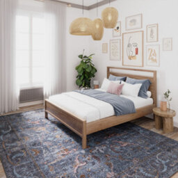 Loomed Traditional Design Cotton Chenille Rug Blue Gold Machine Washable 240Cm X 330Cm - thumbnail 2