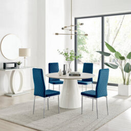 Furniturebox Palma Beige Stone Effect Round 4-6 Seater Pedestal Dining Table & 4 Navy Velvet Milan Silver Leg Chairs