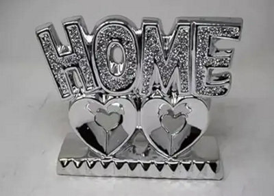 Biznest Home On Two Hearts Crystal Shelf Ornament Silver With Crushed Jewel Ceramic Diamond Design Rectangle Base Gift 16X8X20 Cm