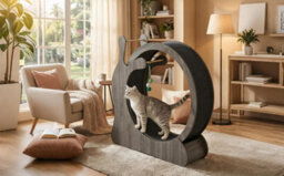 London Boutique Silent Cat Exercise Wheel For Indoor Cats, Wooden Treadmill With Removable Carpet, Scratching Board, Play Balls - thumbnail 1