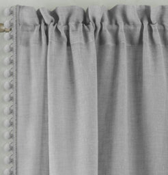 Tyrone Textiles Pair Of Tahiti Grey Pom-Pom Trim Linen Look Voile Panels With Rod Pocket Header 122 Cms - thumbnail 2